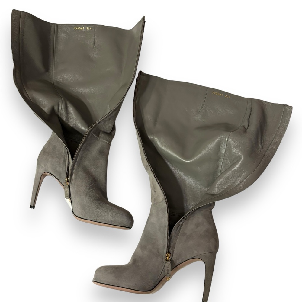 GUCCI Grey Suede Over The Calf Side Zip High Heel Boots - Picture 9 of 12